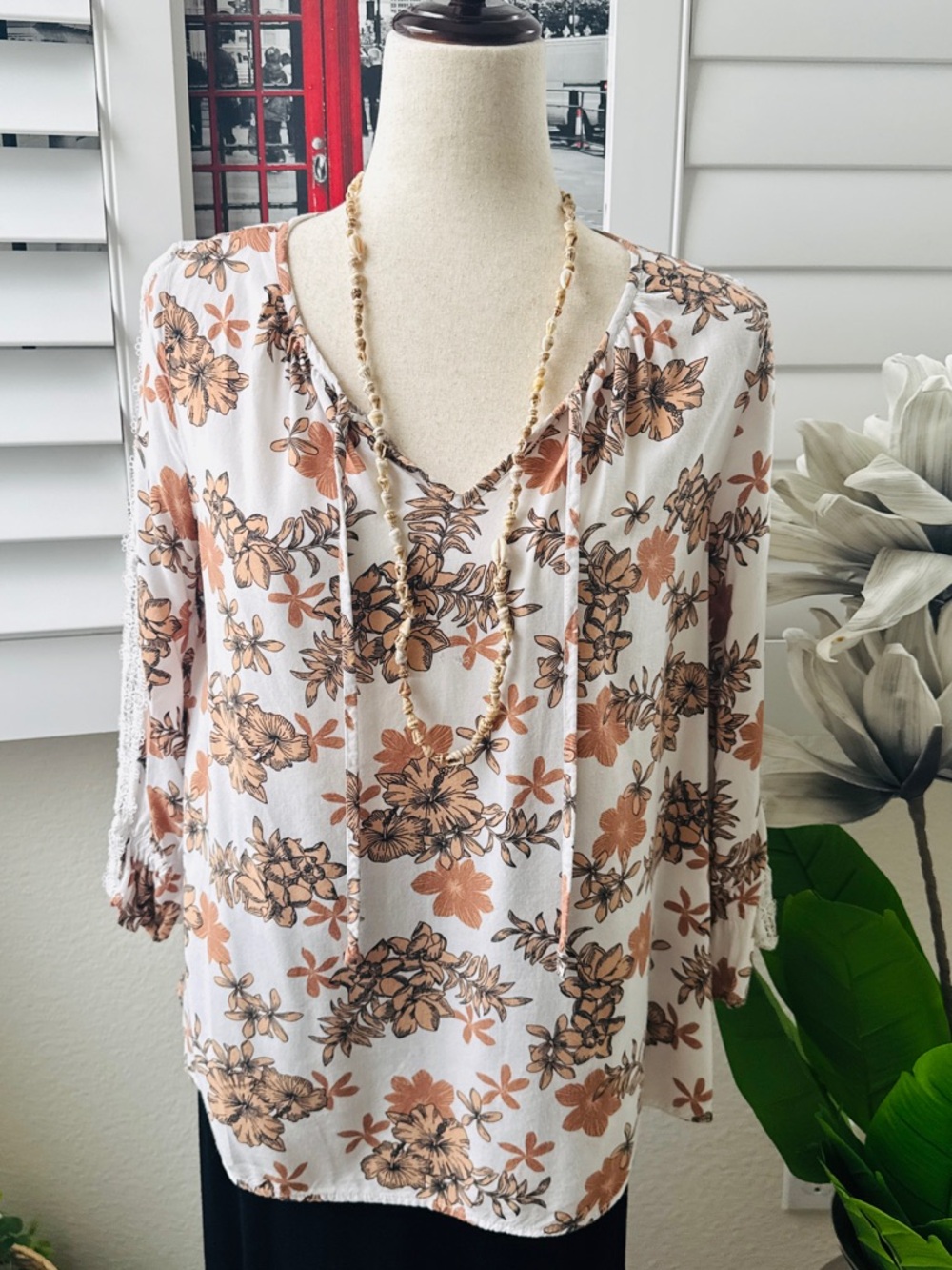 Como Blu Botanical Print Tunic Top Lace Sleeve Trim P/S